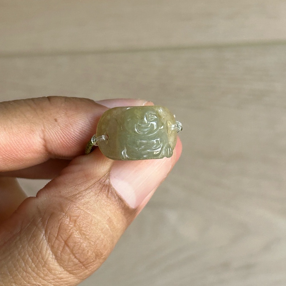 Green Jade Carved Laughing Buddha Ring, Size 8